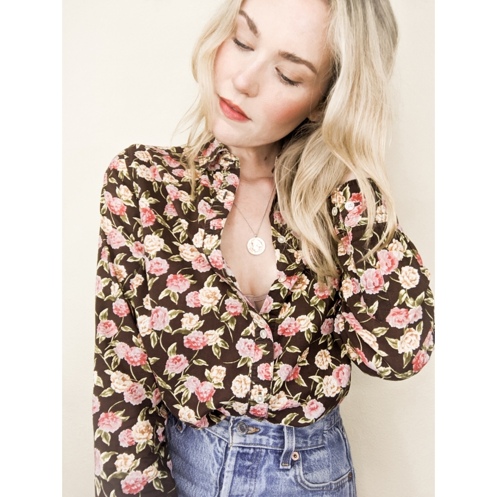 90s Brown Floral Long Sleeve Button Down Blouse